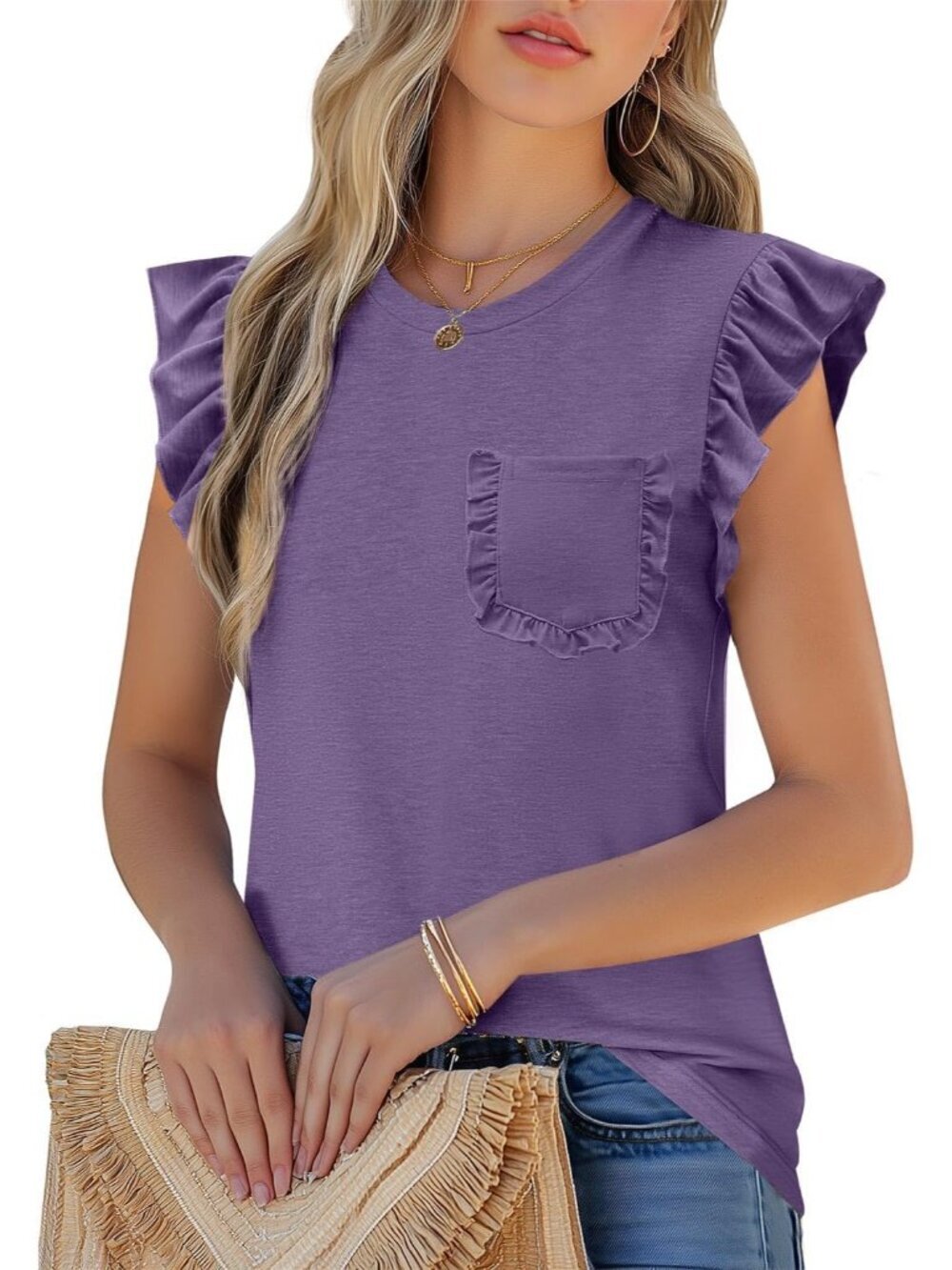 Women's T Shirt Purple Ruffle Short Sleeve Crew Neck Casual Blouses with Pocket